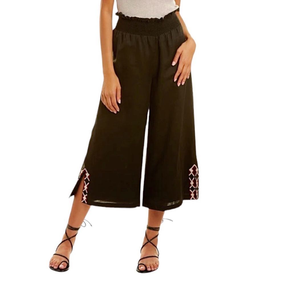 Sachin‎ & Babi Linen Elastic Waist Crop Wide Leg Pants Medium Boho Embroidered